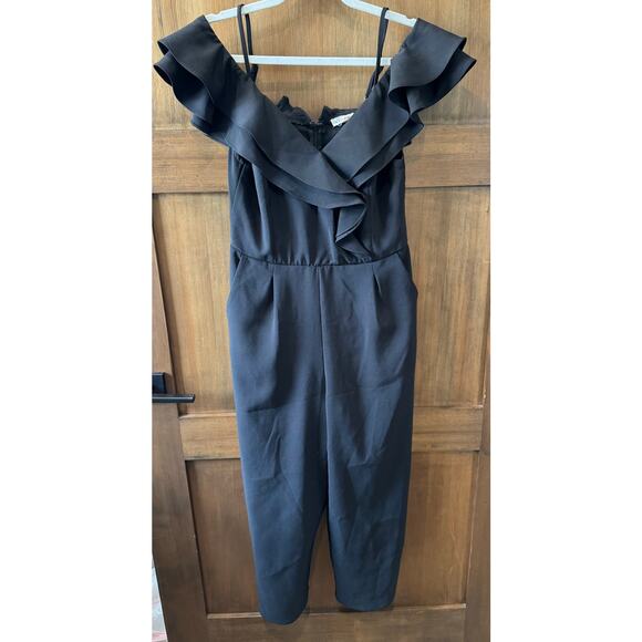 Main Strip Off-the-Shoulder Romper One-Piece Size Large Black Ruffle - Picture 1 of 5